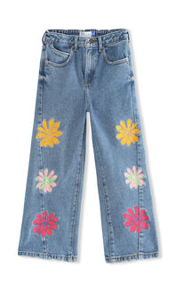 Wide Leg Jeans Con Bordado De Flores