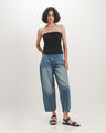 Jeans Barrel Pretina Asim&eacute;trica,AZUL EMPOLVADO