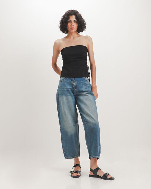 Jeans Barrel Pretina Asim&eacute;trica