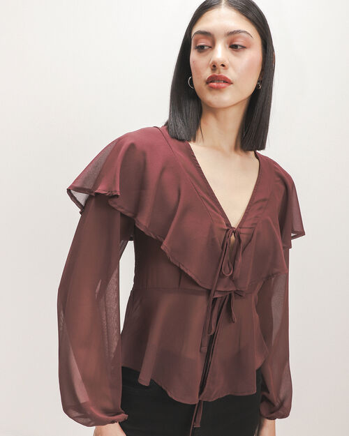 Blusa Caf&eacute; Manga Larga