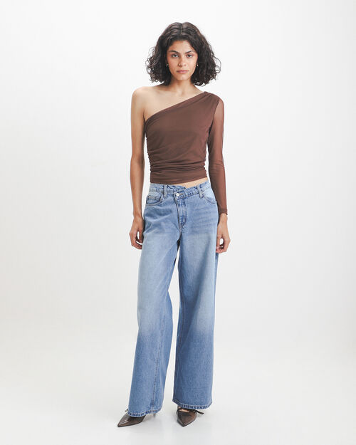 Wide Leg Jeans Pretina Asim&eacute;trica